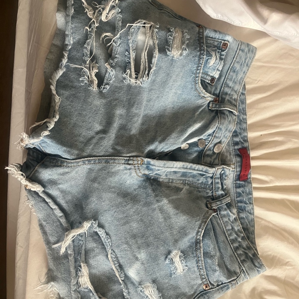 Distressed Light Blue Denim Shorts - Women